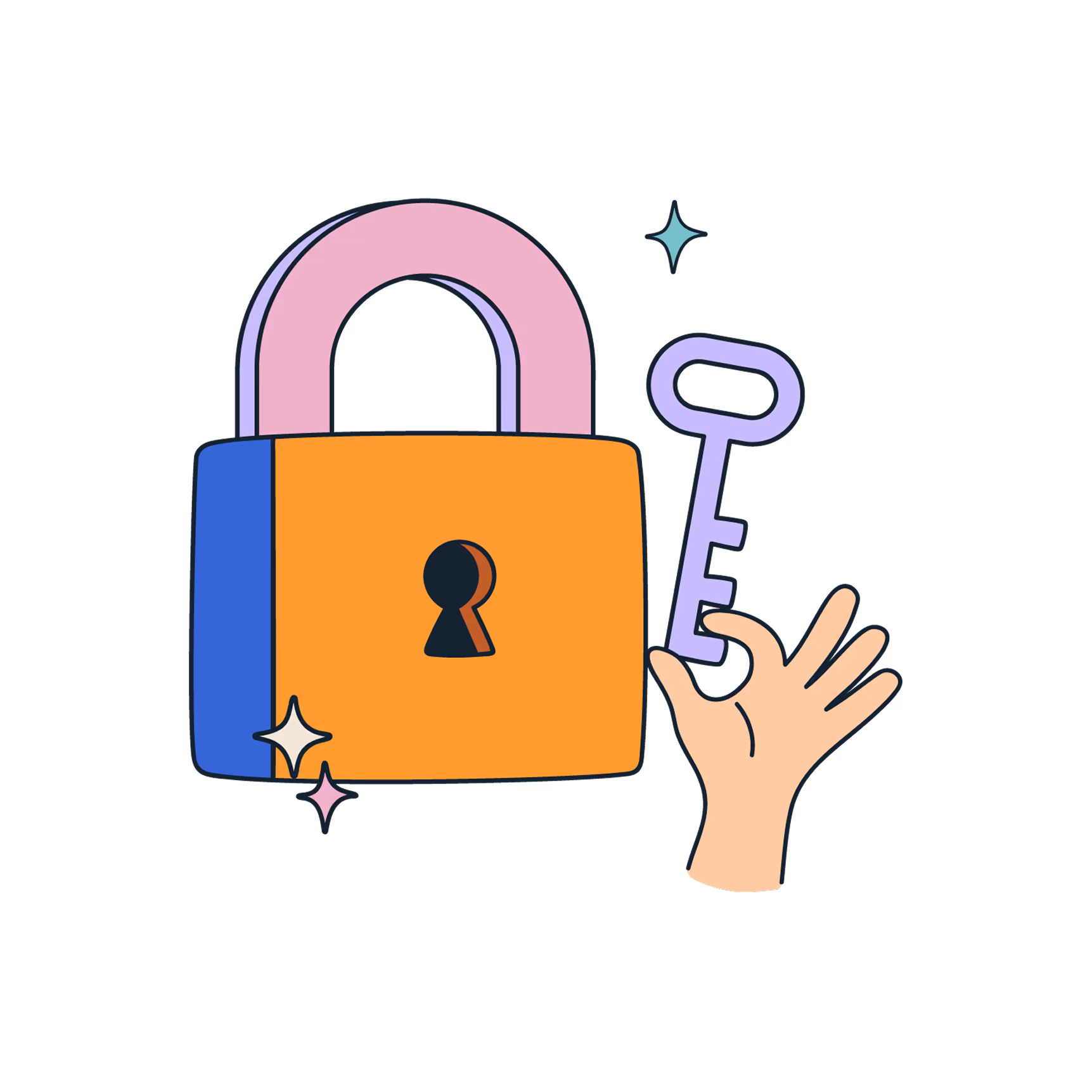 Illustration of a hand holding a key next to a large padlock with an orange body and pink shackle, symbolizing security or access.