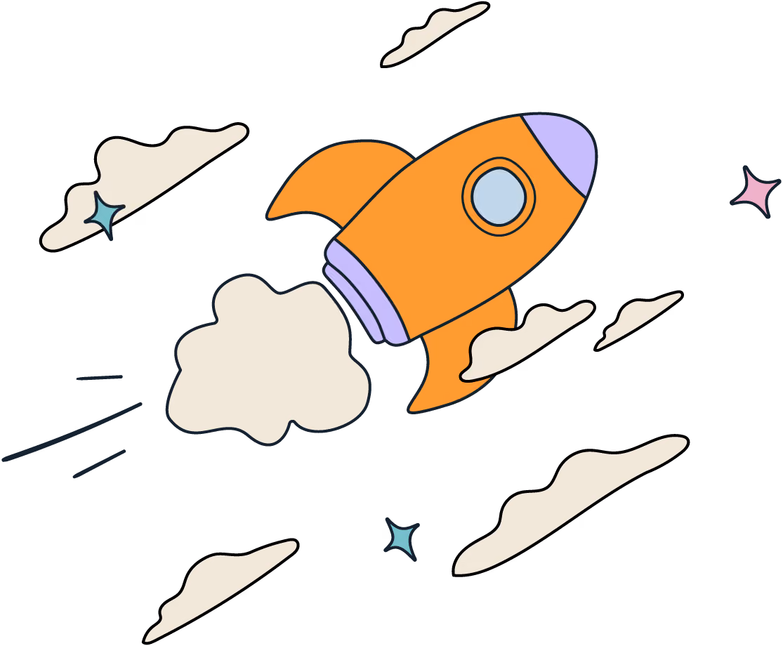 Orange and purple cartoon rocket flying through space with clouds and stars around it.