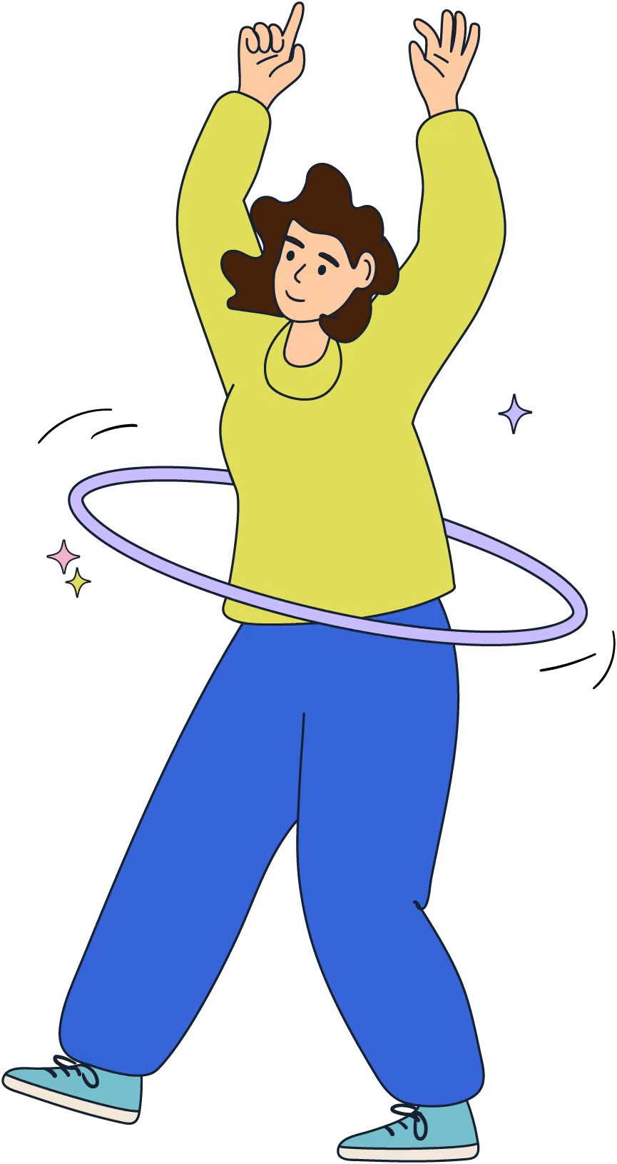 Illustration of a person with brown hair wearing a green long-sleeve shirt and blue pants, standing with arms raised and hula hoop spinning around their waist.