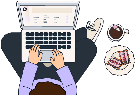 Overhead illustration of a person sitting cross-legged using a laptop, with a cup of coffee and a plate of sandwiches nearby.