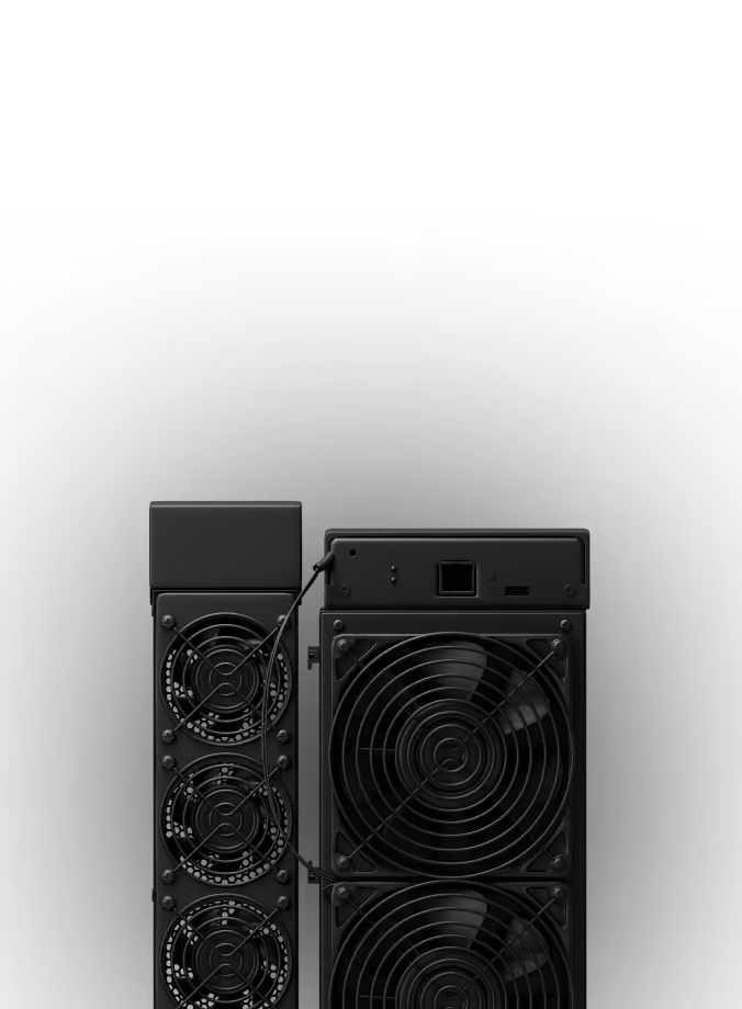 Close-up of a black electronic device with multiple cooling fans and metal protective grills.