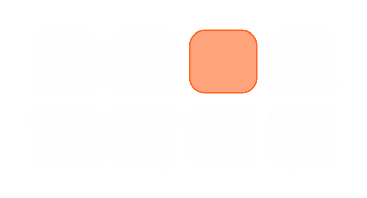 Eight rounded squares in two rows, top row third square is orange, others are white on black background.