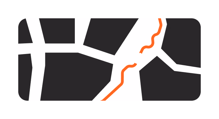 Abstract black and white shapes with intersecting diagonal orange squiggly lines.