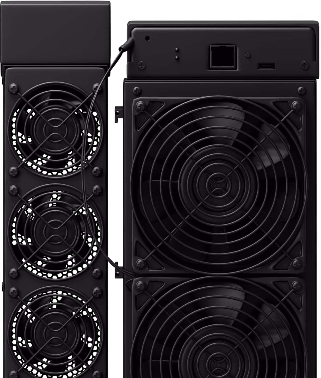 Black cryptocurrency mining machine with multiple cooling fans and power unit.