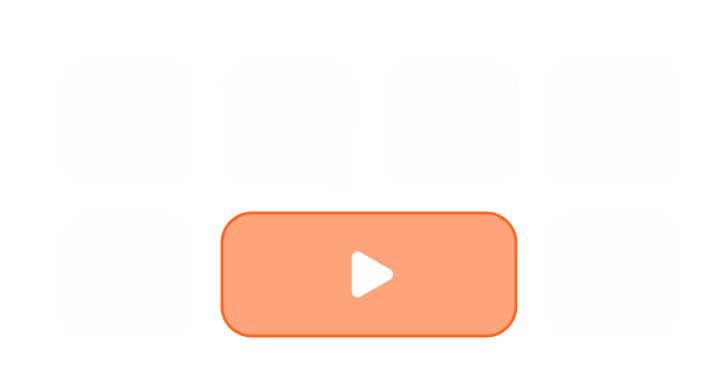 Video play button icon centered among six rounded white squares on a black background.