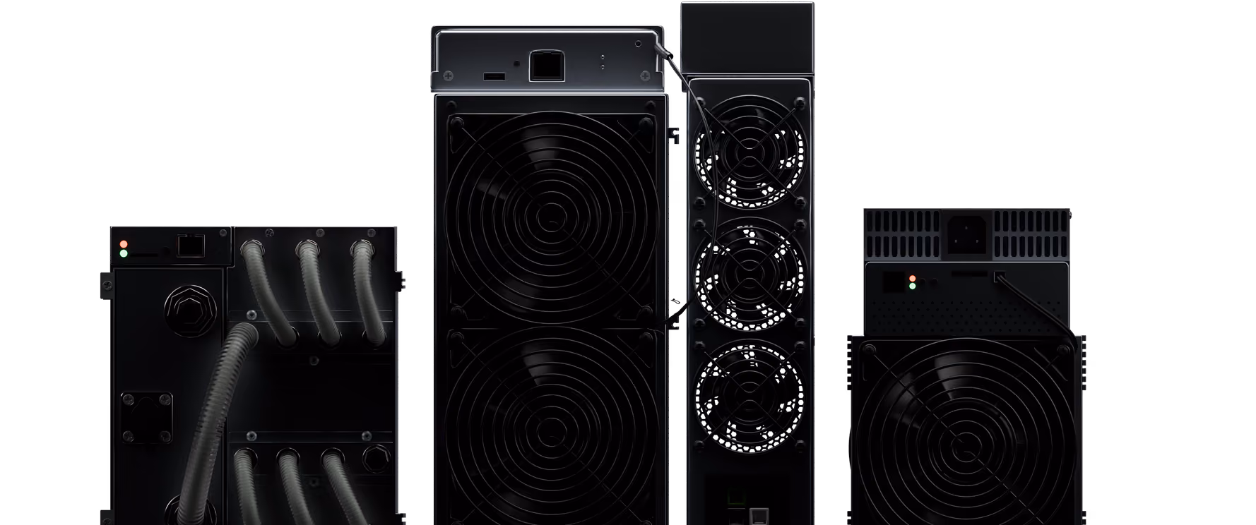 Black cryptocurrency mining rigs with multiple cooling fans and connected cables on a black background.