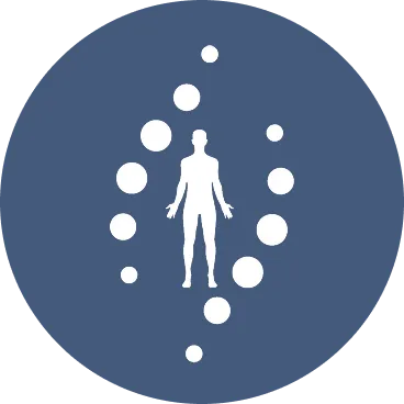 Silhouette of a human figure surrounded by various sized circles within a blue circular background.