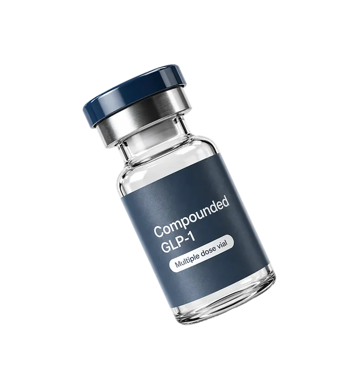 Glass vial labeled Compounded GLP-1 with a blue cap, indicating multiple doses.