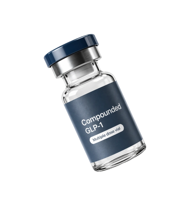 Glass vial labeled Compounded GLP-1 with a blue cap, indicating multiple doses.