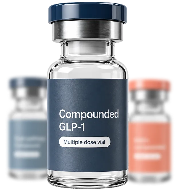 Clear vial labeled Compounded GLP-1 multiple dose vial with blue cap, two blurred vials behind it.