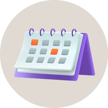 3D illustration of a desktop calendar with two dates highlighted in orange on purple stand.