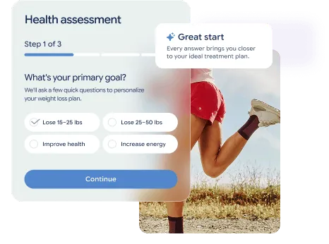 Health assessment form asking primary goal with options to lose weight, improve health, or increase energy.