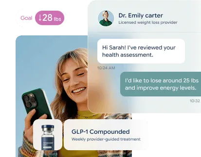 Woman smiling at phone with text chat from Dr. Emily Carter on weight loss goals and GLP-1 treatment.