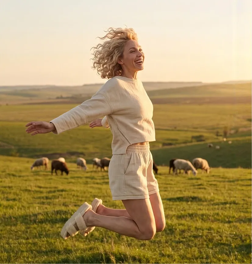 Woman joyfully jumping in a sunlit grassy field with sheep grazing in the background.