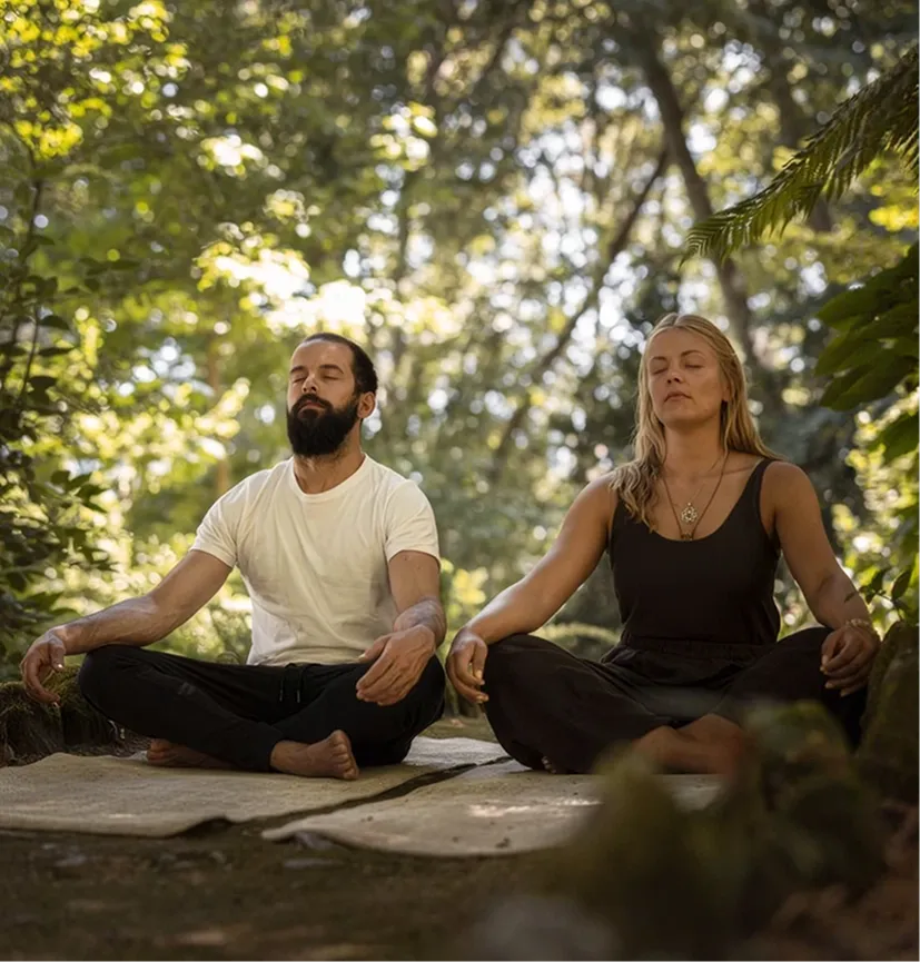 Man and woman sitting cross-legged on mats meditating outdoors in a sunlit forest.