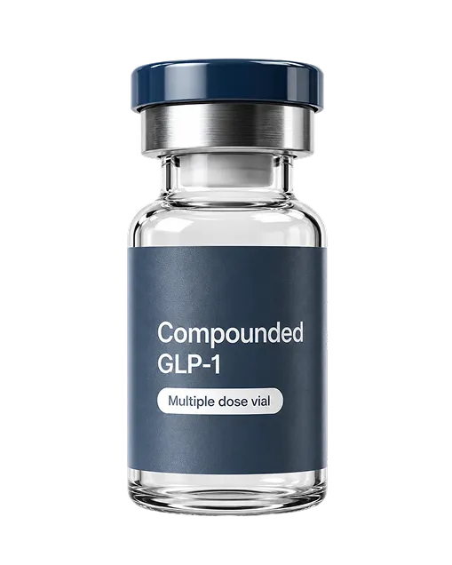 Clear glass vial with dark blue label and cap, labeled 'Compounded GLP-1' and 'Multiple dose vial'.