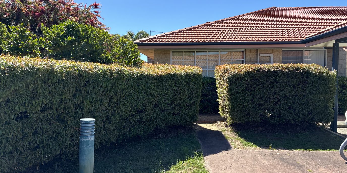 Neatly trimmed hedges and lawn at a hospital entrance