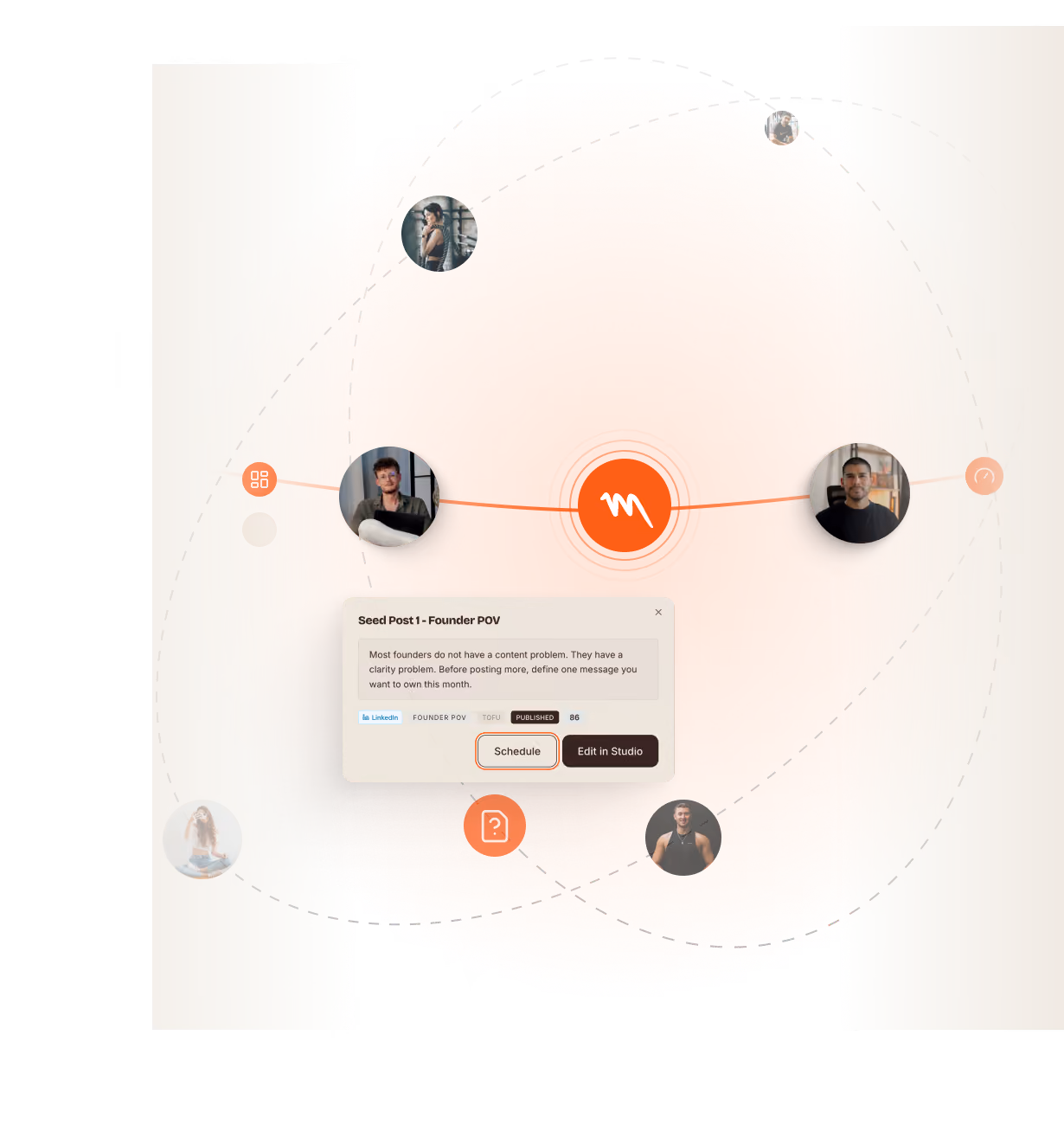 Merkion personal brand operating system connecting founders, with a founder point-of-view post ready to schedule