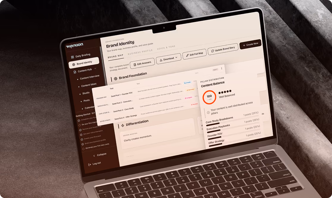 Laptop showing a founder's Brand Map in the Merkion app