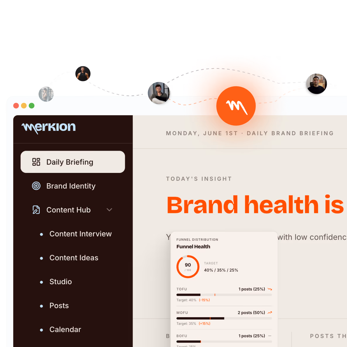 Merkion app Daily Briefing screen with today's brand health insight