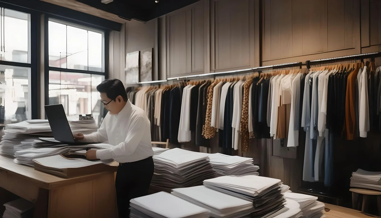 Un commerciante lavora al computer nel suo negozio di abbigliamento
