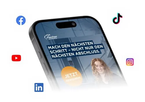 Smartphone-Display mit Social Media Recruiting-Anzeige, umgeben von Social-Media-Icons wie Facebook, Instagram, TikTok, LinkedIn und YouTube. Moderne Darstellung einer digitalen Recruiting-Kampagne auf allen relevanten Plattformen.
