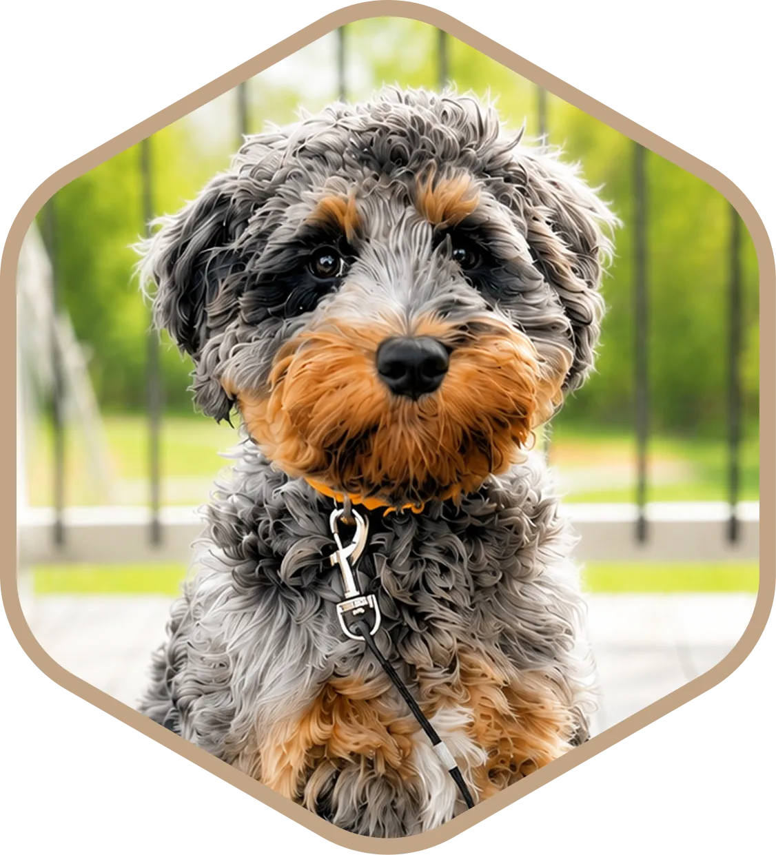 A curly-haired dog with black, gray, and brown fur sits outdoors on a leash.