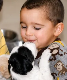 A young boy in monkey-patterned pajamas smiles as a black and white puppy licks his face.