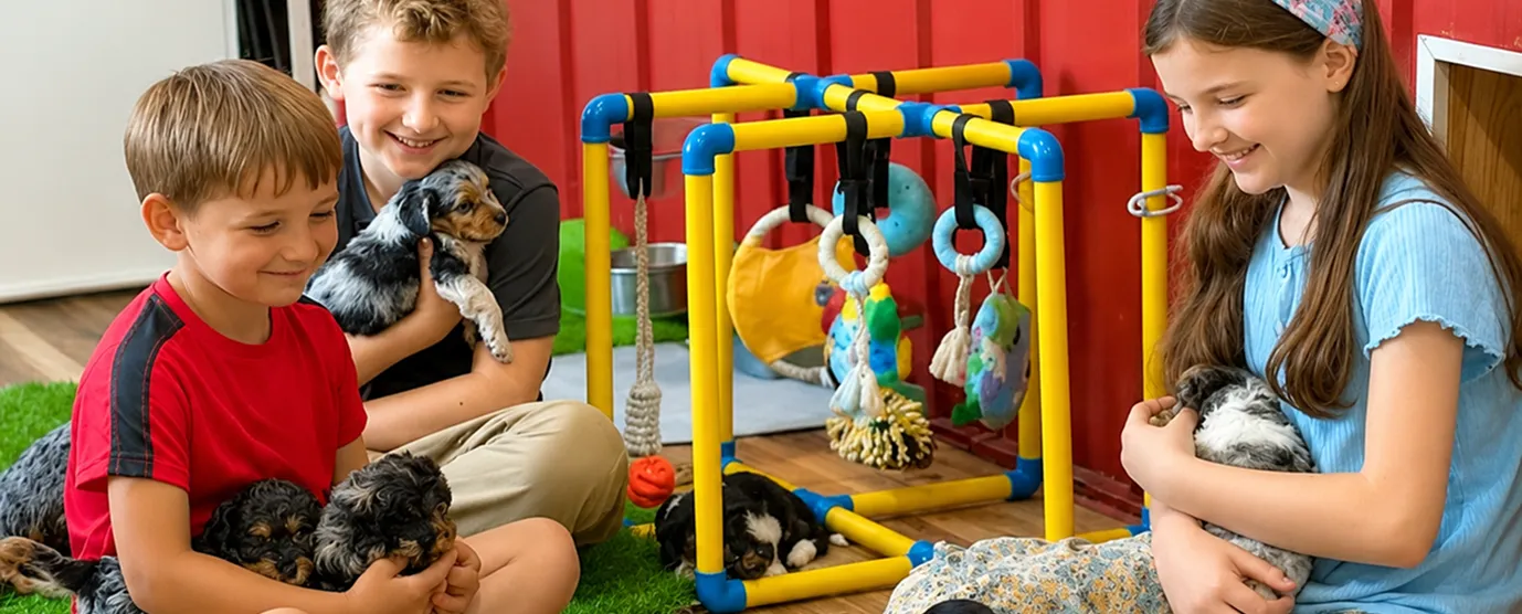 Three children sit on the floor in a playroom, each holding a small puppy. A colorful play gym with toys is in the background, and more puppies are visible near it.