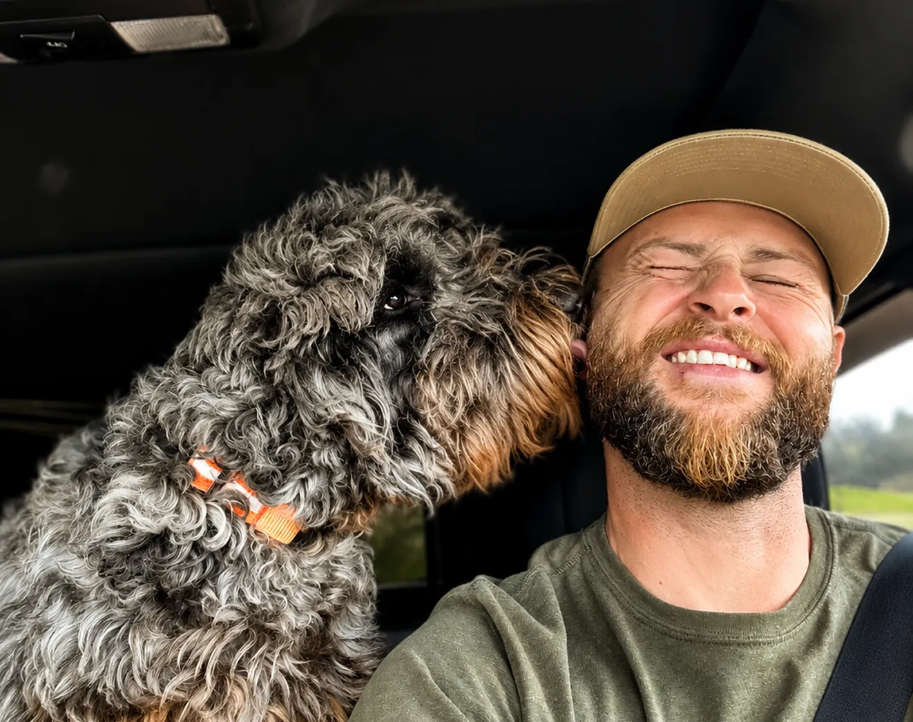Curly gray dog with orange collar licking the smiling bearded man wearing a tan cap in a car.