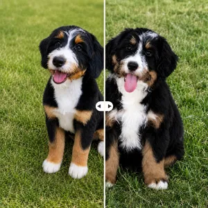 A comparison before and after grooming of a aussie mountain doodle named Tracy