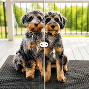A comparison before and after grooming of a golden mountain doodle named Axel