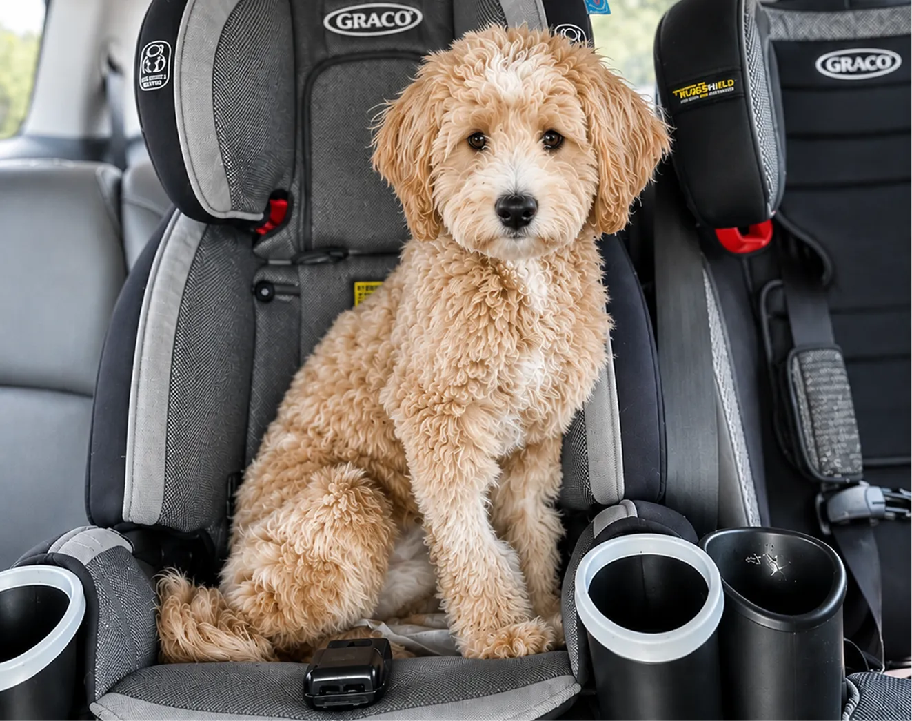 Cute curly Golden Mountain Doodle dog sits in a child’s car seat inside a car.