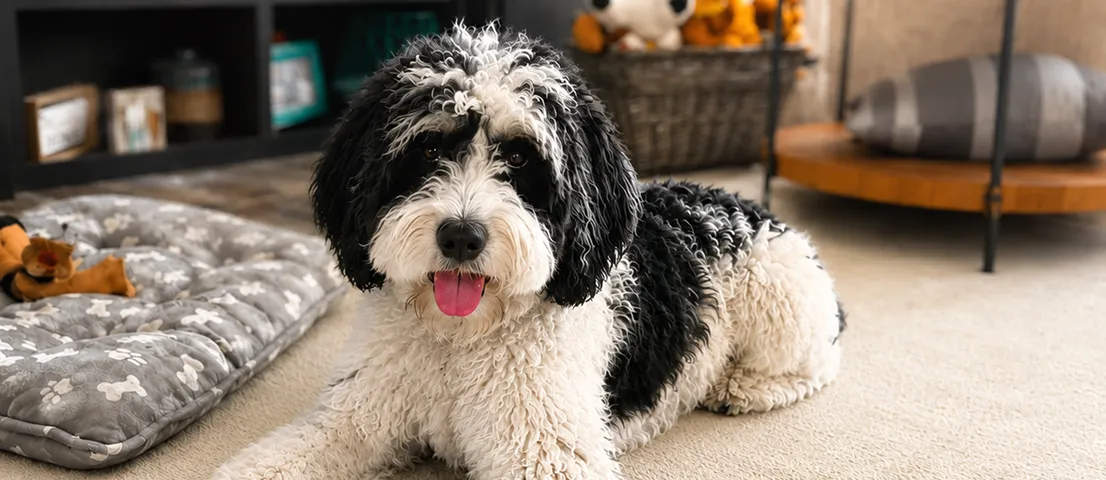 Black and white dog lying on a carpeted floor, with toys and a basket in the background.