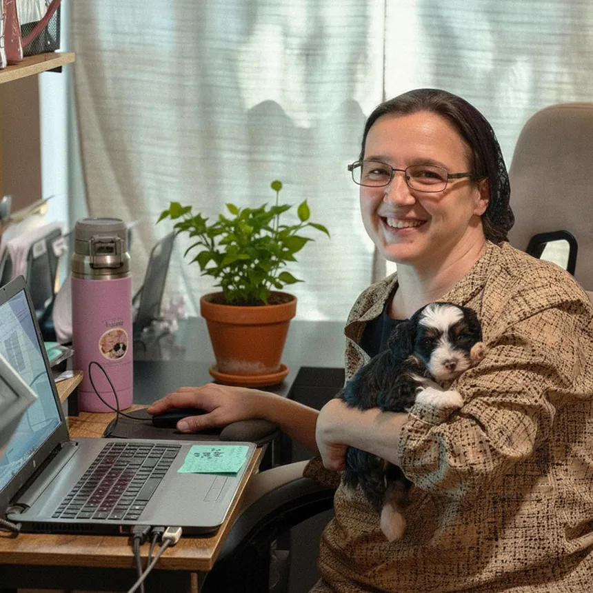 Cindy sits at a desk with a laptop, smiling at the camera while holding a small puppy.
