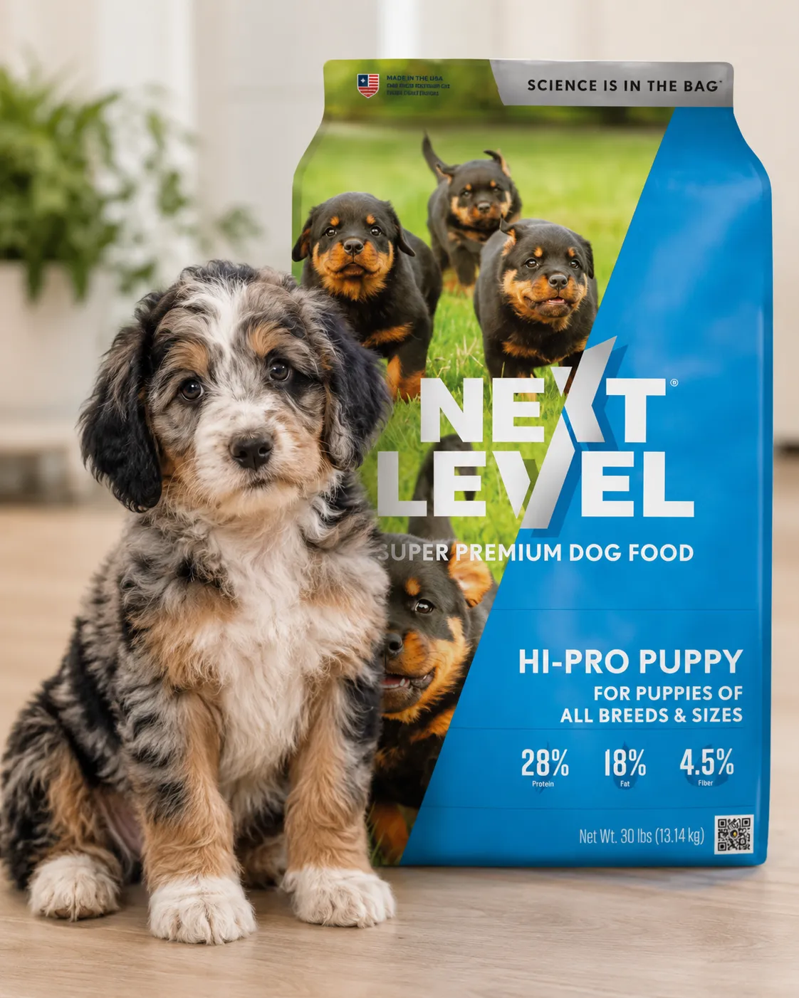 A fluffy puppy sits beside a large bag of Next Level Hi-Pro Puppy dog food.
