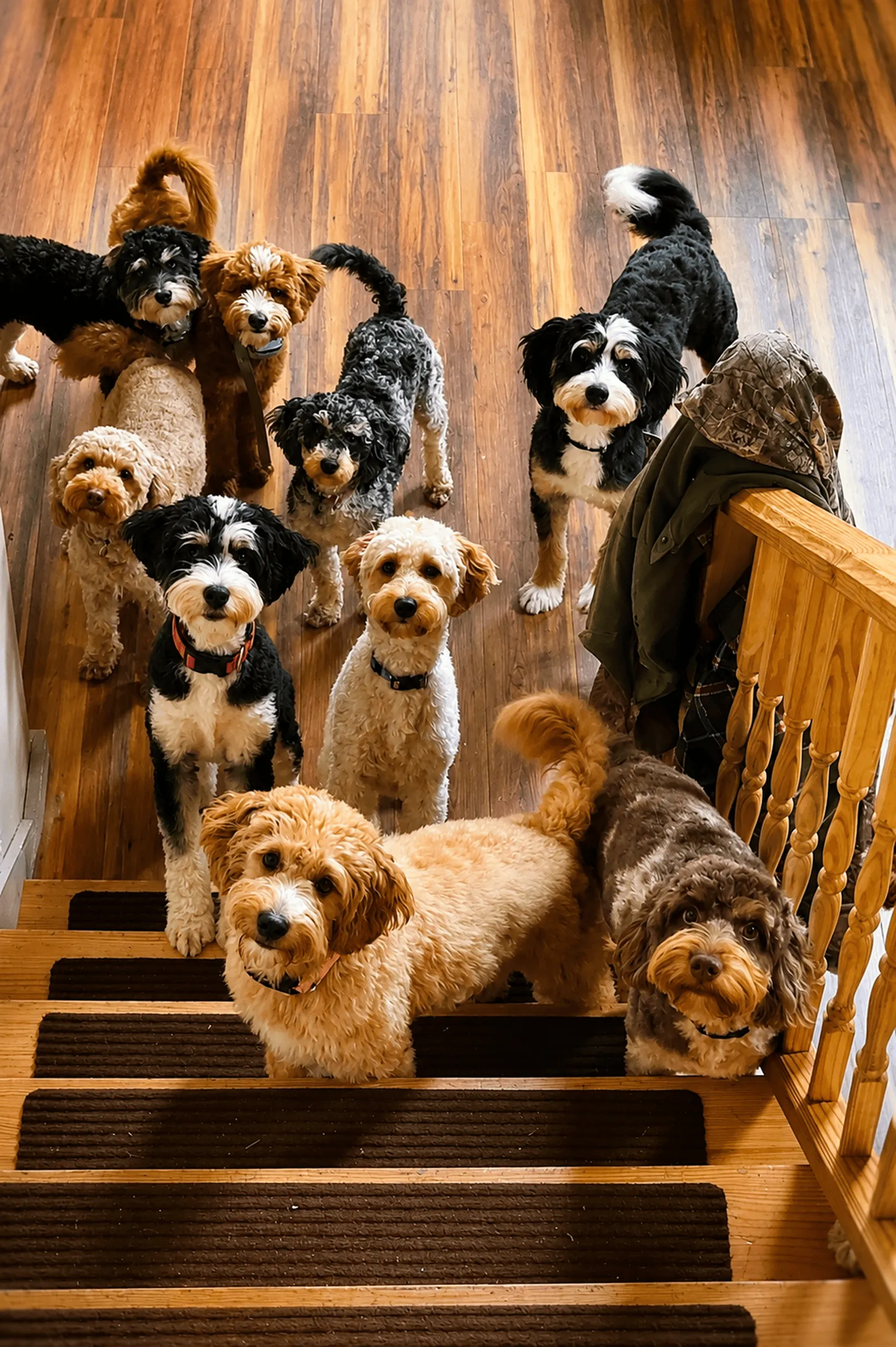 Eight dogs stand on and near a staircase in a house with wooden floors, looking up toward the camera.