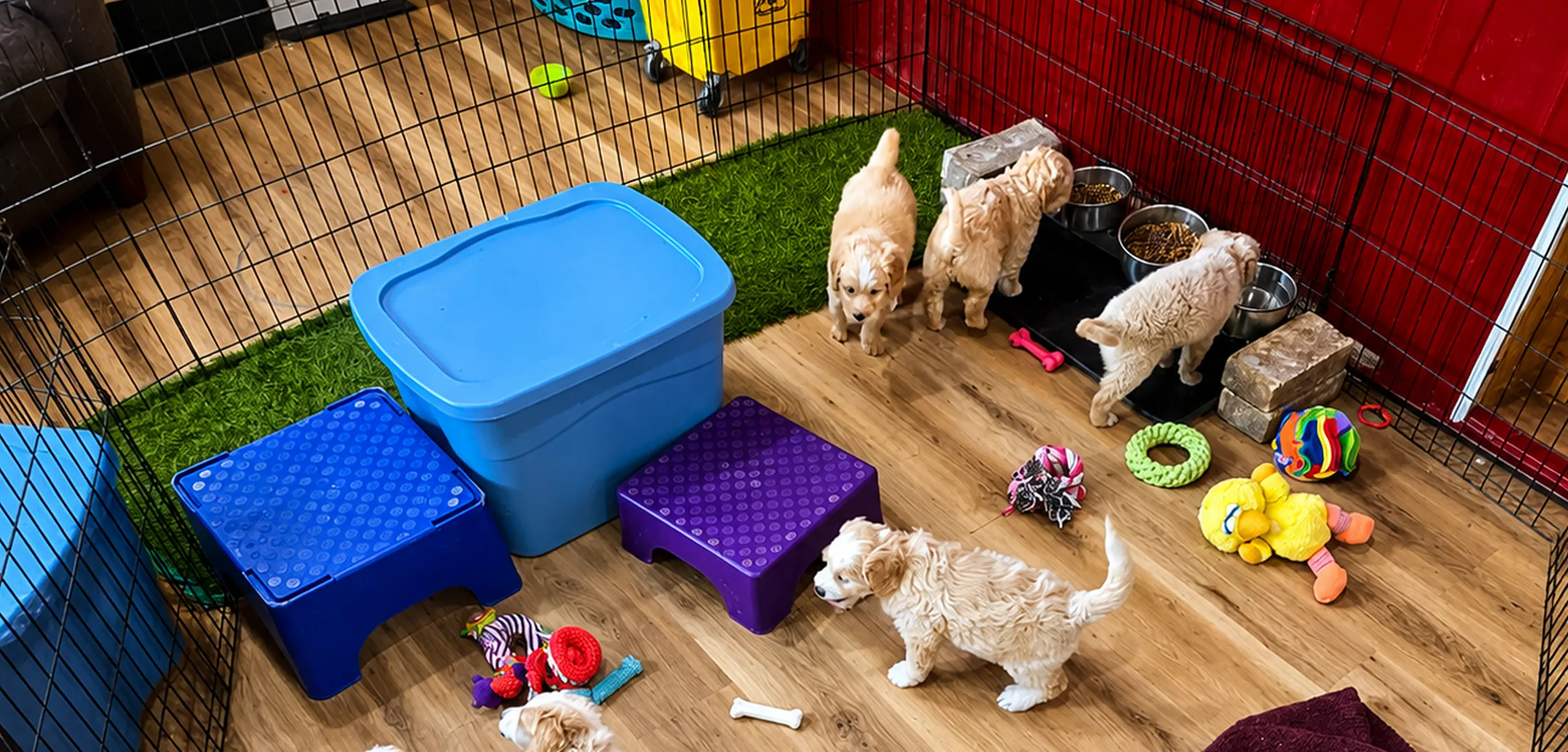 Five small puppies play and eat inside a fenced indoor area with toys, food bowls, and blue storage bins on a wooden floor and a patch of artificial grass.