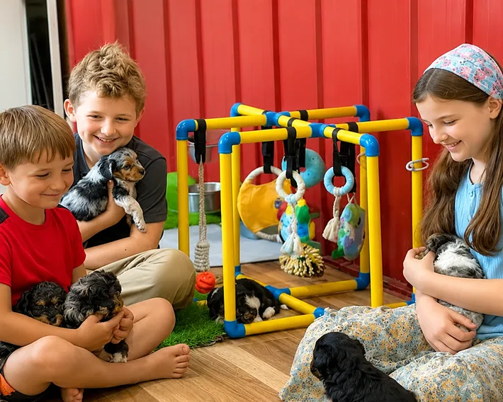 Joanna, Marc, Jr., and Gideon sit on the floor holding puppies near a colorful playpen with hanging toys.