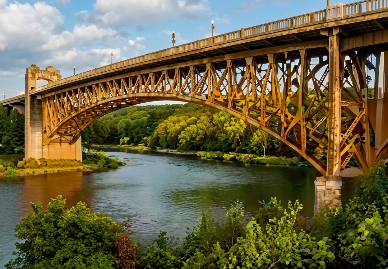 Rust-colored metal arch bridge over a river with green trees and blue sky with clouds.