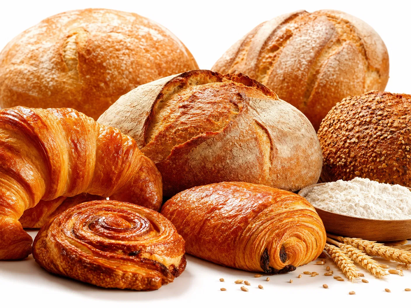 Assorted bread rolls, croissants, and pastries with a bowl of flour and wheat stalks