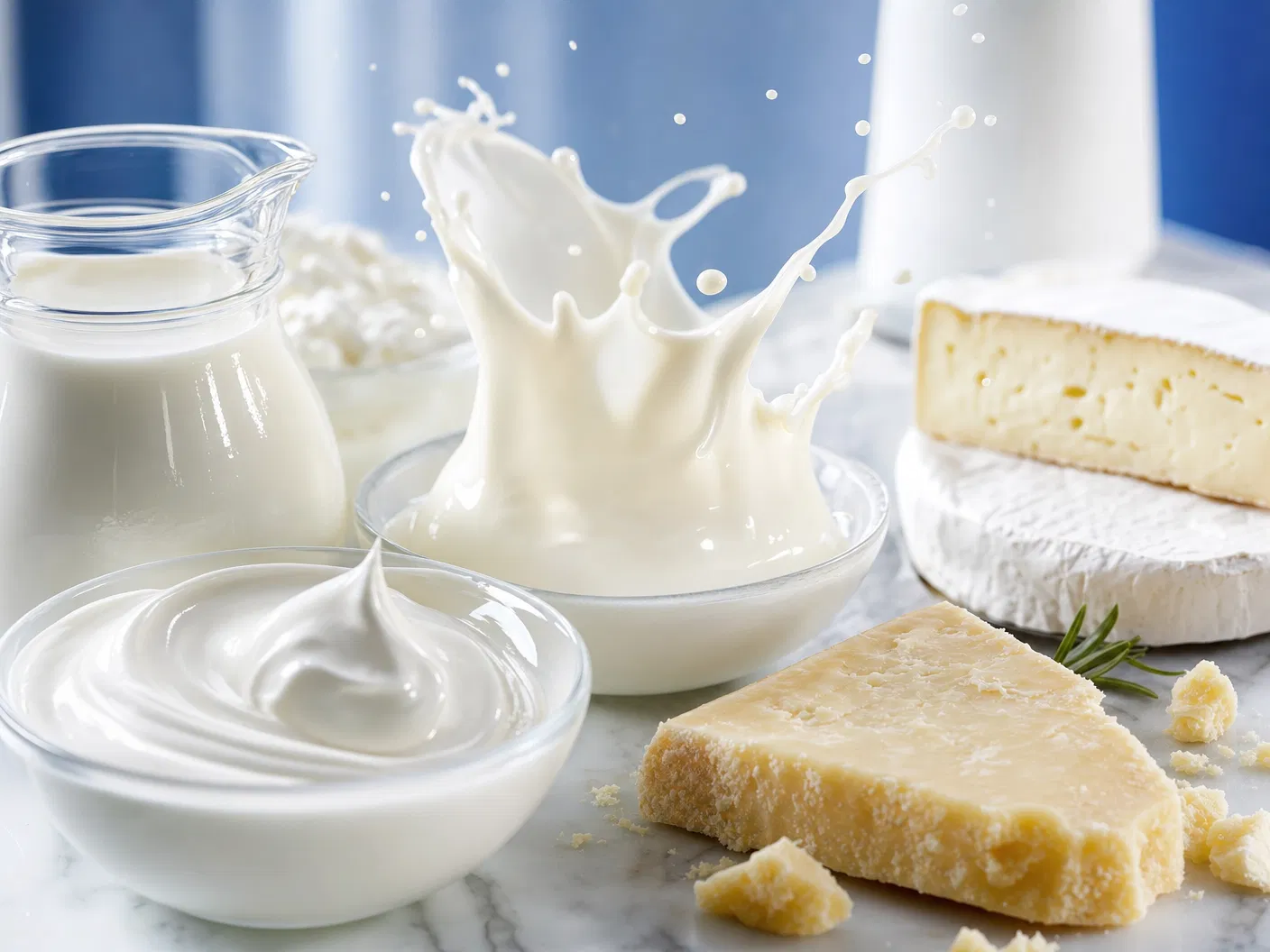 Splash of milk pouring into a bowl of dairy products with cheese and yogurt nearby