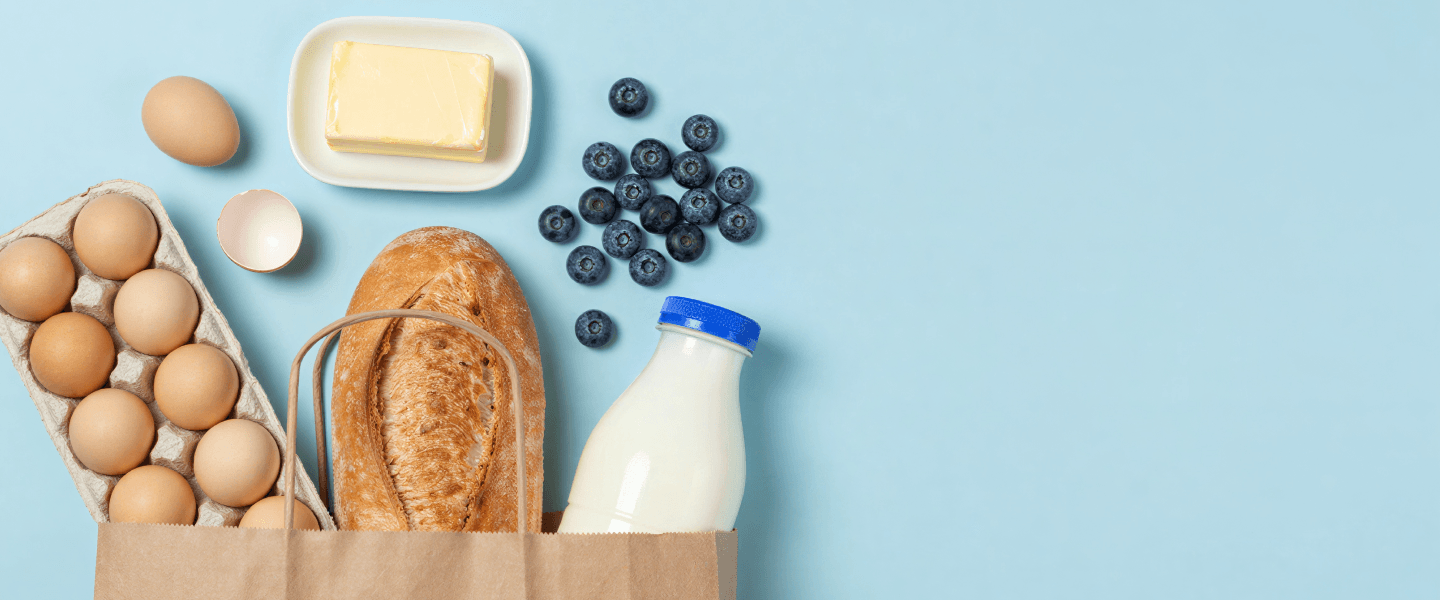 Grocery bag with eggs, butter, blueberries, bread, and a bottle of milk