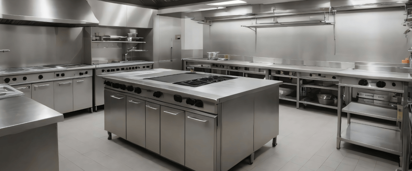 Empty commercial stainless steel kitchen with industrial cooking equipment