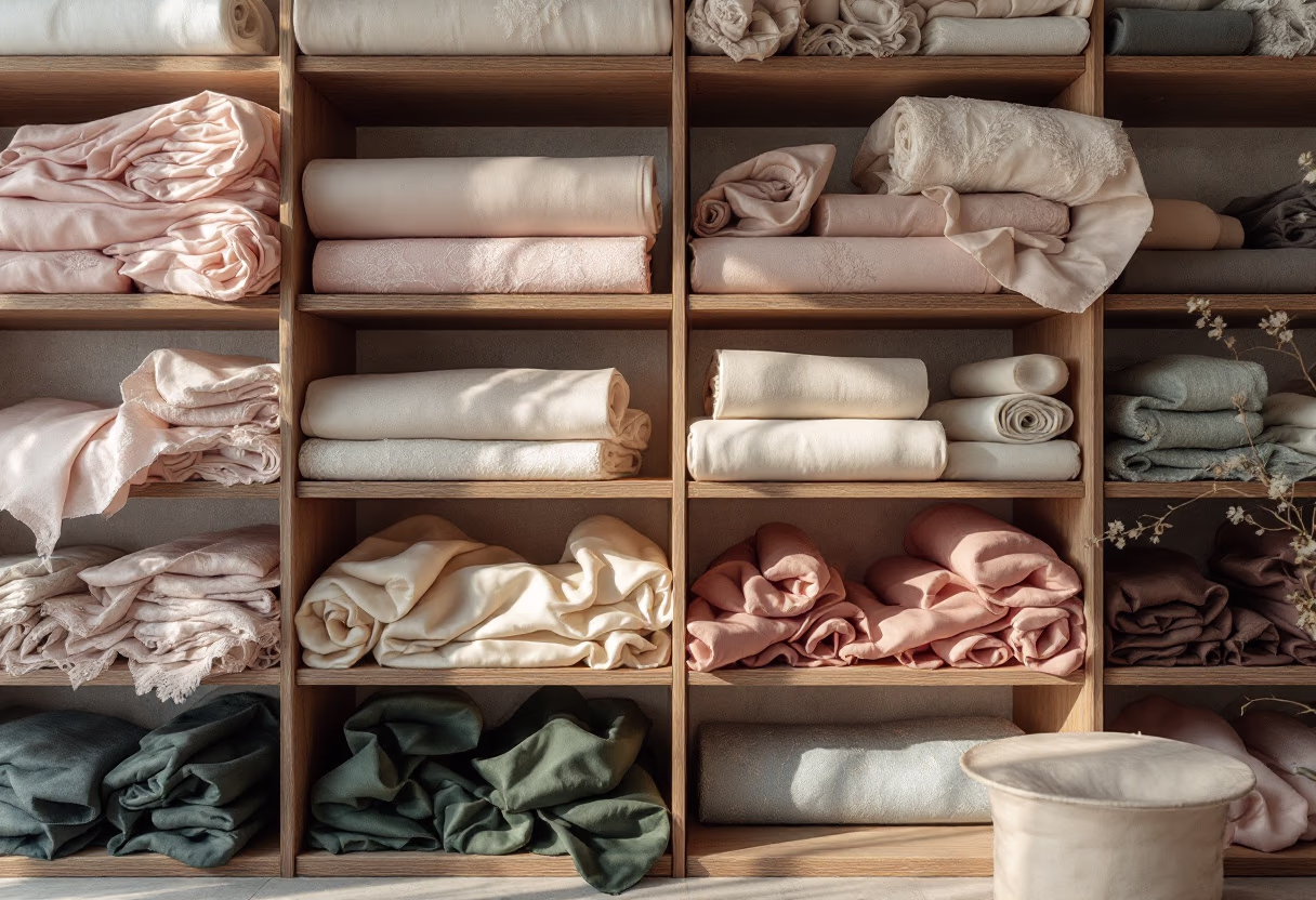 [background image] image of fabric rolls on shelves (for a tailors & alteration shop)