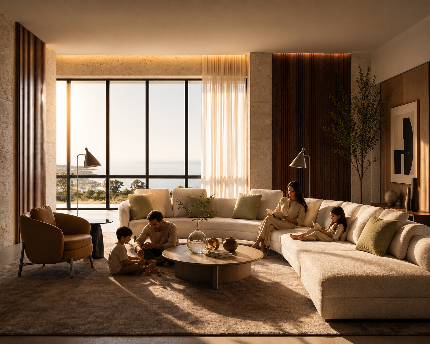 Cinematic inhabited living room at morning with warm light