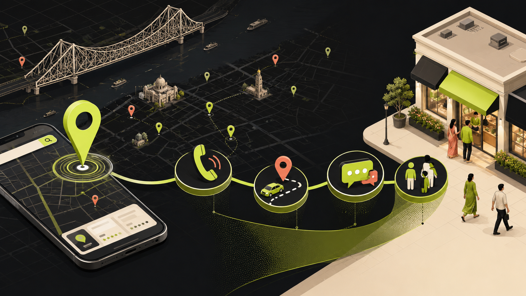 Kolkata local search journey from map discovery to calls, messages and store visits