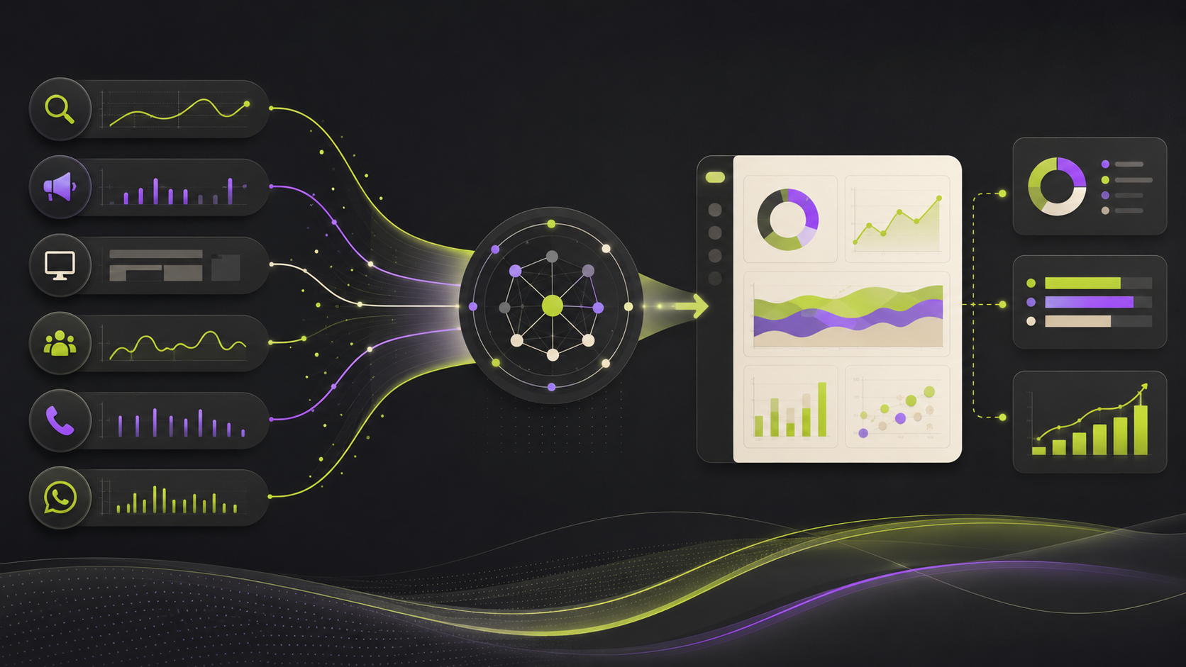 Marketing channels connected through attribution into a unified revenue analytics dashboard