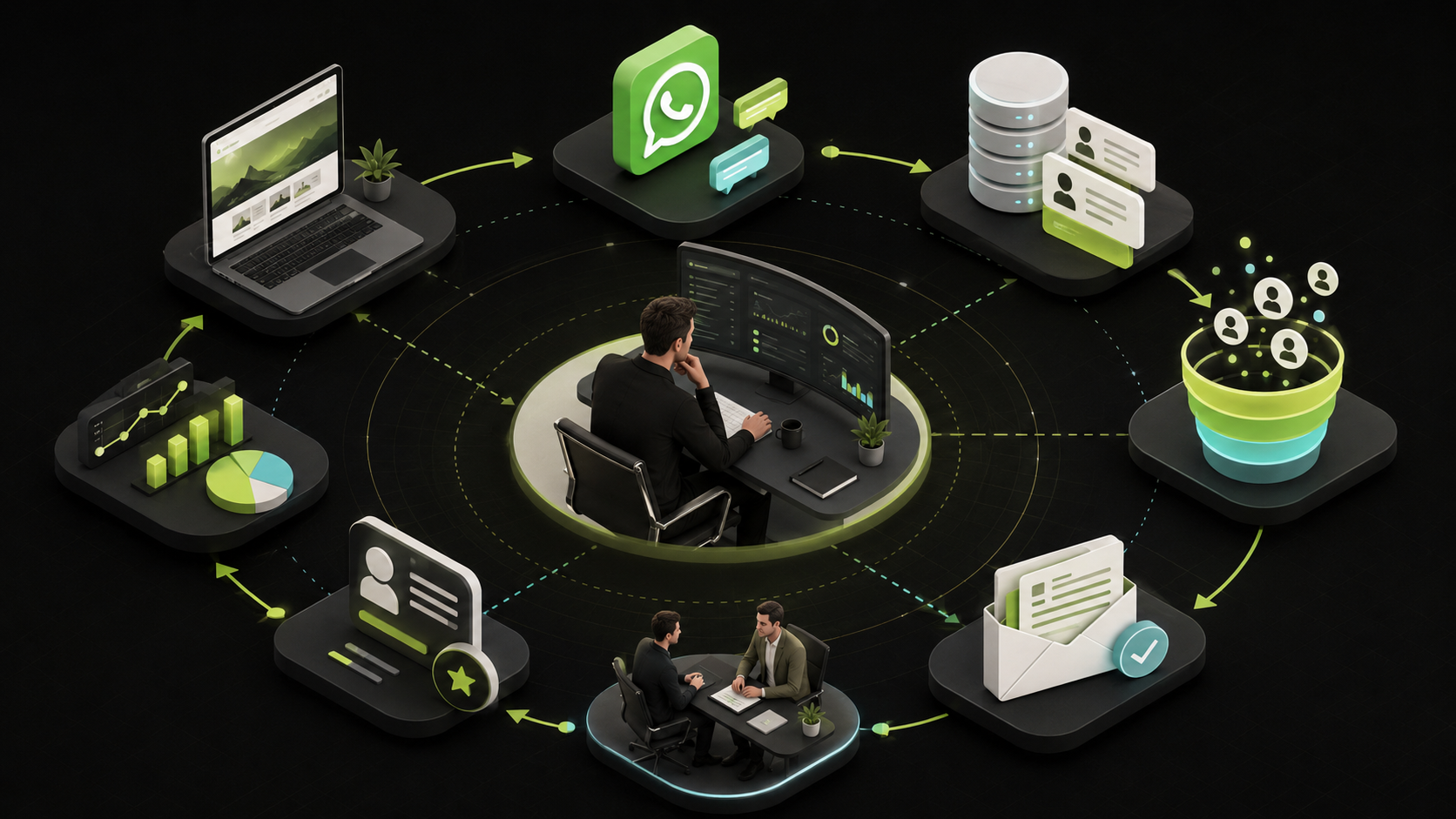 AI marketing automation workflow connecting website, WhatsApp, CRM, follow-up and human sales teams