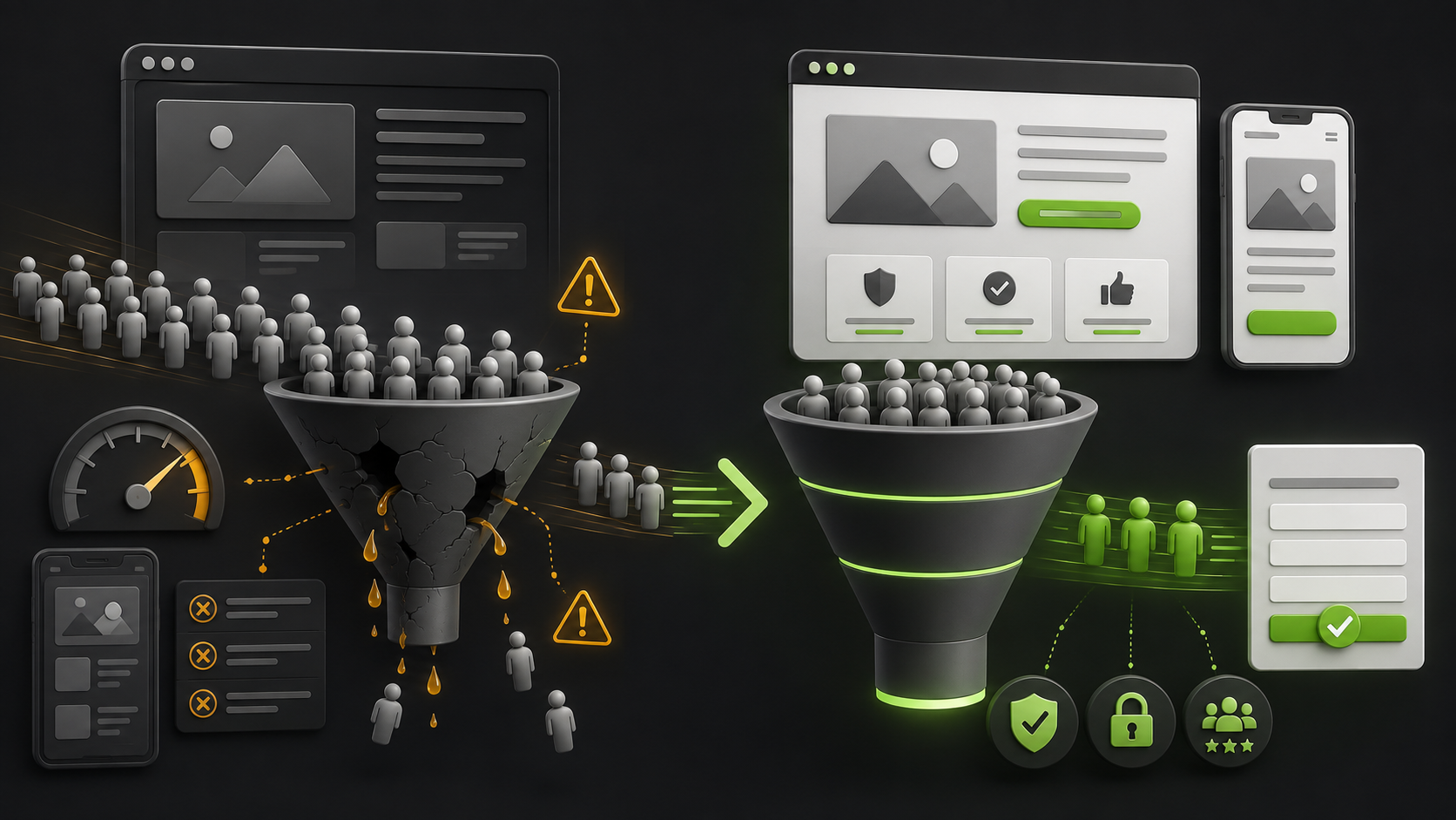 Website conversion funnel showing traffic leakage and improvements that generate qualified leads